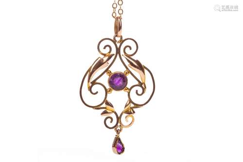 AMETHYST PENDANT, of openwork form, set with a round and a pear shaped amethyst, on a nine carat