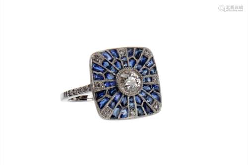 SAPPHIRE AND DIAMOND RING, the square bezel set with a central old cut diamond of approximately 0.32