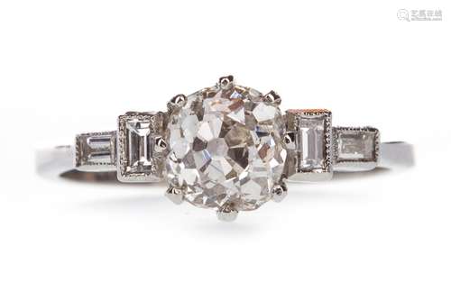 OLD CUT DIAMOND RING, the old cut diamond of approximately 1.20 carats, flanked by baguette cut