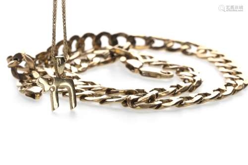 NINE CARAT GOLD CURB LINK CHAIN, 52cm long, 18.8g, along with a pendant marked 14K, on a chain