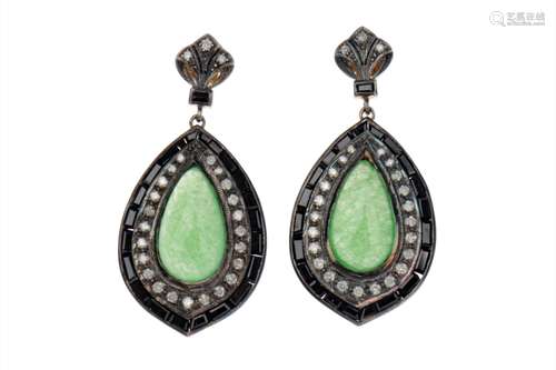 PAIR OF JADE, ONYX AND DIAMOND EARRINGS, the cabochon pear shaped sections of jade surrounded by