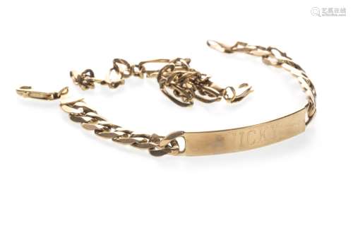 GOLD IDENTITY BRACELET, formed by curb links with engraved ID panel, 20.5cm long, marked 375,