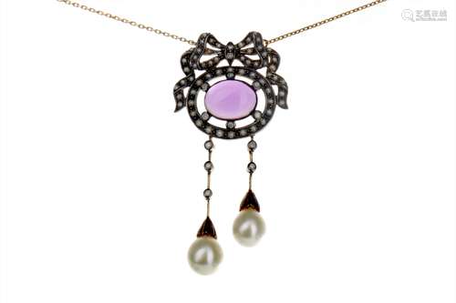 AMETHYST, PEARL AND DIAMOND PENDANT, the cabochon amethyst bordered by seed pearls and diamonds,