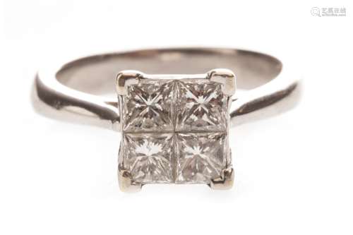 DIAMOND FOUR STONE RING, set with four princess cut diamonds totalling approximately 0.80 carats,