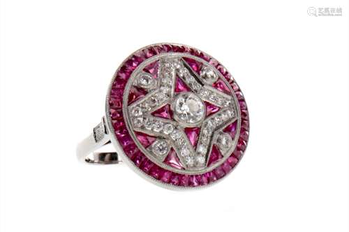 SPINEL, RUBY AND DIAMOND RING, the bezel 21mm diameter, set with round brilliant cut diamonds and