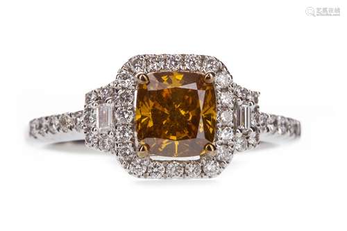 GIA CERTIFICATED ORANGE DIAMOND RING, the cushion modified brilliant diamond of approximately 1.06