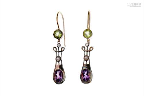 PAIR OF GEM SET AND DIAMOND EARRINGS, the oval amethyst and pearl section topped by a round