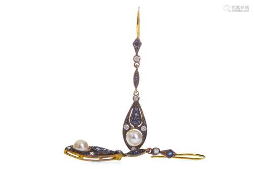 PAIR OF SAPPHIRE, PEARL AND DIAMOND EARRINGS, the elliptical sections set with a spherical pearl