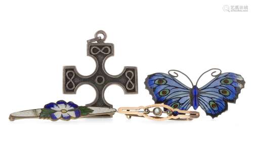 TWO ENAMELLED BROOCHES, one in the form of a butterfly, 55mm wide, in silver, along with a gilt