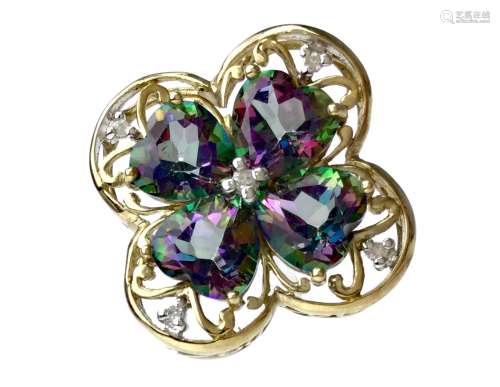 MYSTIC TOPAZ PENDANT, of openwork design, comprising four mystic topaz hearts flanked by round
