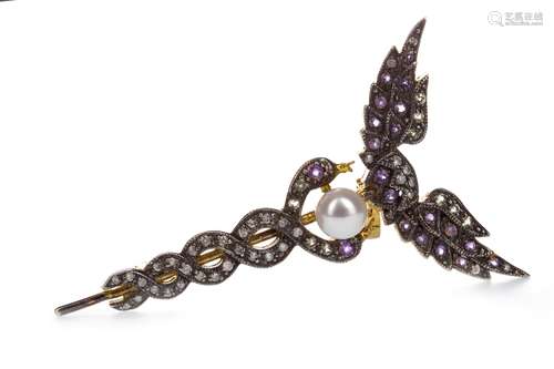 CADUCEUS AMETHYST AND DIAMOND BROOCH, set with round diamonds, amethysts and green gems, with