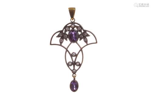 AMETHYST, PEARL AND DIAMOND PENDANT, of openwork form, 36mm high, set with two oval amethysts,