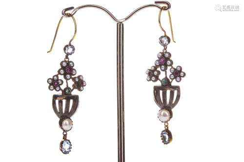 PAIR OF GEM SET FLOWER BASKET EARRINGS, each formed by three red ruby and pearl flower clusters,