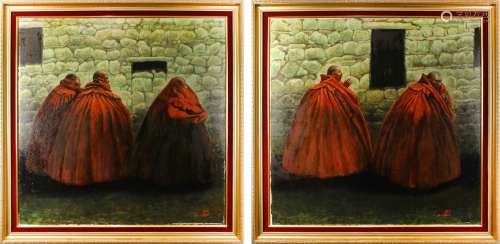 高玉华 西藏喇嘛组画二幅 布面油画