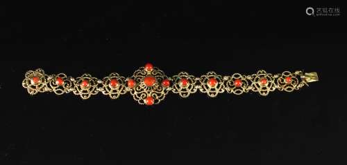 （1867—1918）奥匈帝国时期银鎏金镶嵌红珊瑚珠古董手链