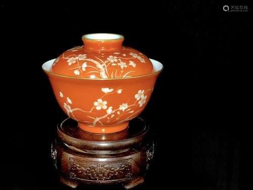 A Chinese Iron Red Plum Blossom Porcelain Bowl with Cover