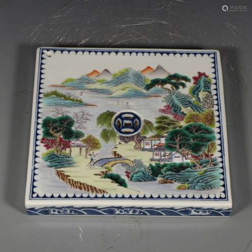 A Chinese Blue and white Famille Rose Landscape Porcelain Paper Weight