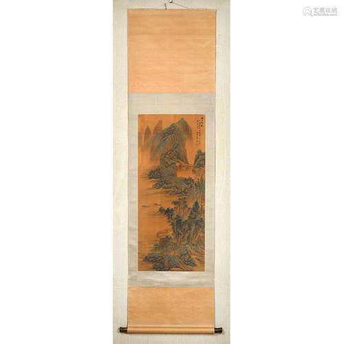 A Chinese Landscape Painting Silk Scroll, Cha Shibiao Mark