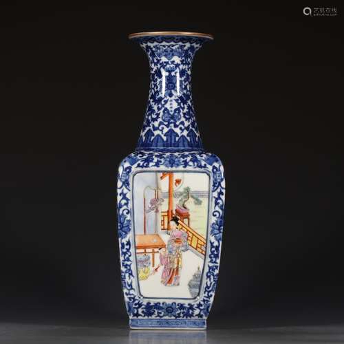 A Chinese Blue and white Famille Rose Figure Painted Porcelain Square Vase