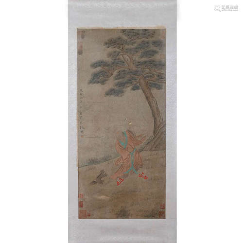 A Chinese Arhat Painting Scroll, Wang Zhenpeng Mark