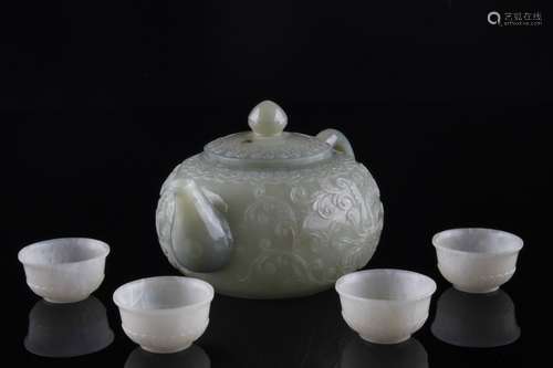 A Set of Chinese Carved Hetian Jade Peapot and Cups