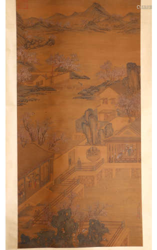 A Chinese Landscaper Painting Silk Scroll, Lang Shining Mark