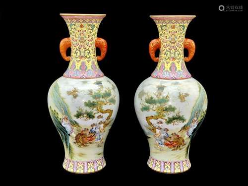 A Pair of Chinese Yellow Arhat Painted Porcelain Vase