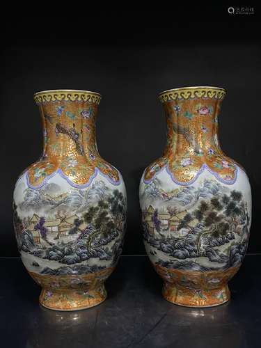 A Chinese Famille Rose Gild Landscape Porcelain Vase