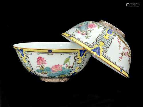 A Pair of Chinese Yellow Flower Painted Porcelain Bowls