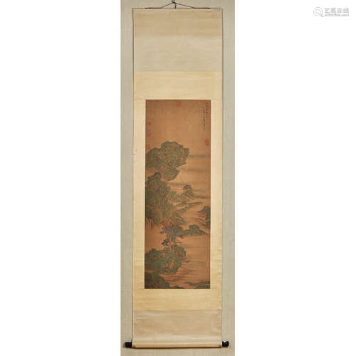 A Chinese Landscape Painting Silk Scroll, Wen Boren Mark