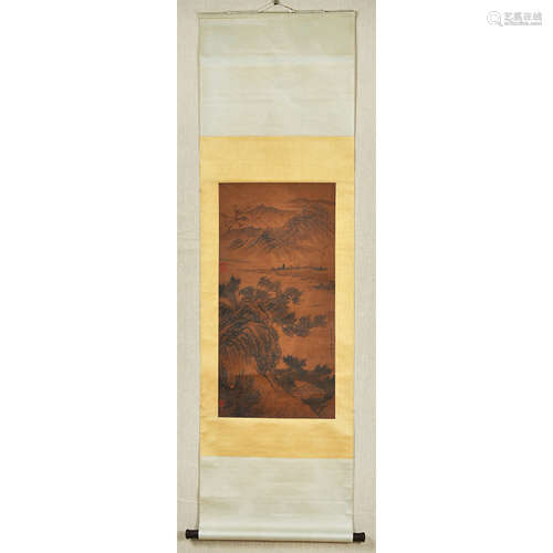 A Chinese Landscape Painting Silk Scroll, Liu Songnian Mark