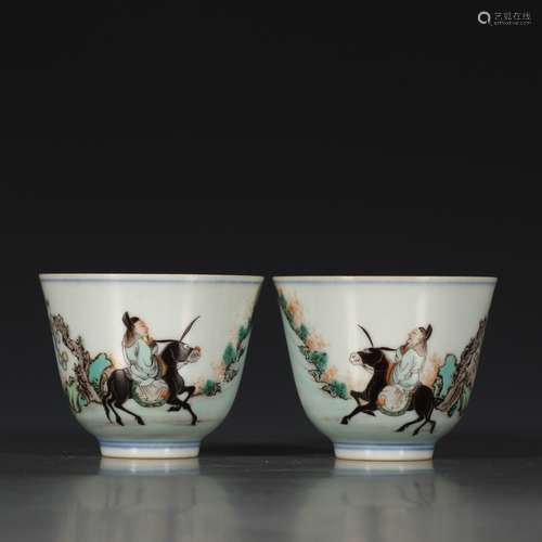 A Pair of Chinese Multi Colored Figure Painted Porcelain Cups