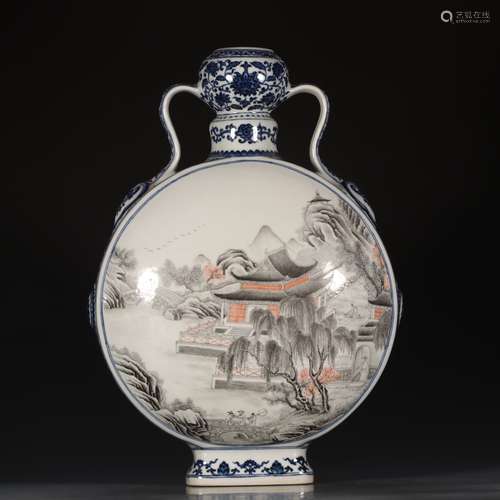 A Chinese Blue and White Landscape Painted Porcelain Vase