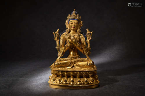 A Chinese Gild Copper Manjusri Bodhisattva Statue