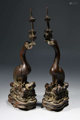 A Pair of Chinese Copper phoenix Pattern Candlestick