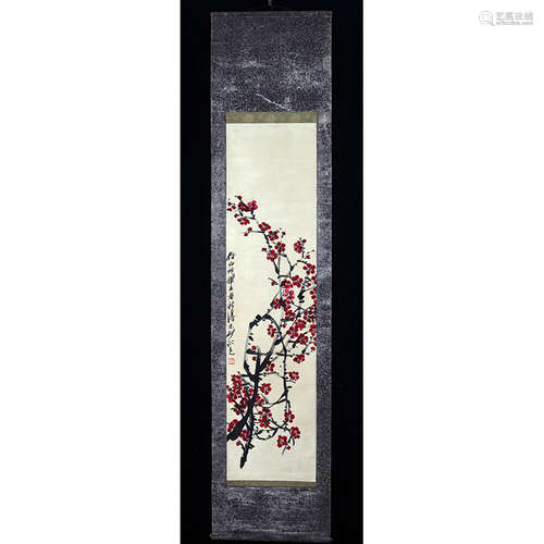 A Chinese Plum Blossom Painting Scroll, Qi baishi Mark