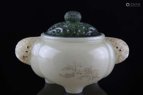 A Chinese Hetian Jade Double Ears Censer