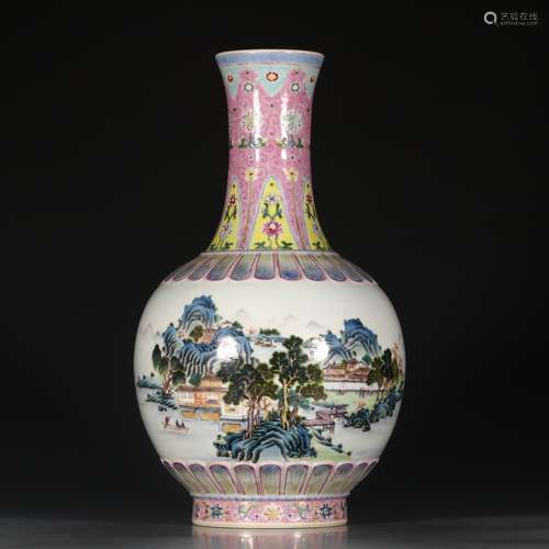 A Chinese Famille Rose Landscape Painted Porcelain Vase