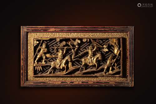 A Chinese Carved Wood Gild Painting Hanging Screen