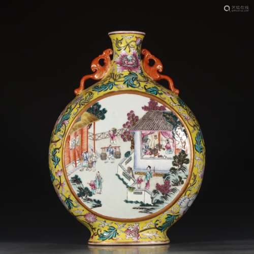 A Chinese Yellow Famille Rose Figure Painted Porcelain Vase