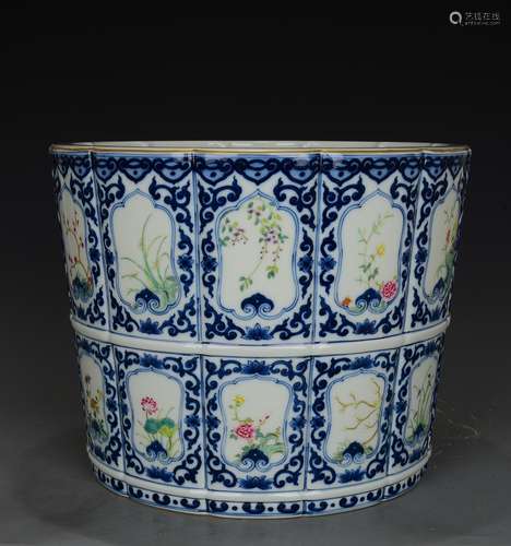 A Chinese Blue and White Floral Porcelain Scroll Vat