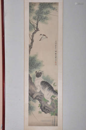 A Chinese Cat Painting Scroll, Liu Huiling Mark