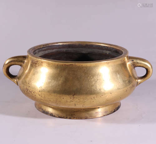 A Chinese Gild Copper Double Ears Incense Burner