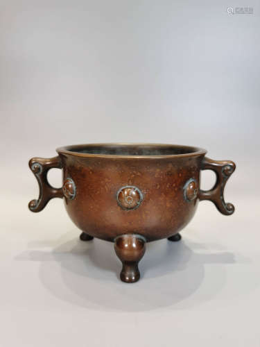 A Chinese Copper Double Ears Censer