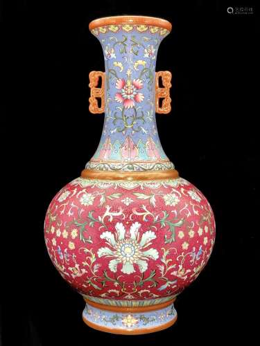 A Chinese Carmine Floral Porcelain Double Ears Vase