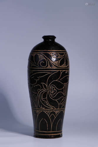 A Chinese Black Glazed Carved Porcelain Vase