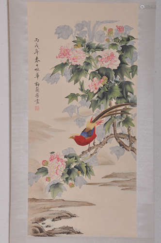 A Chinese Flowers Painting Scroll, Mei Lanfang Mark