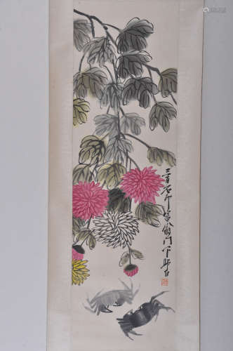 A Chinese Chrysanthemum Painting Scroll, Lou Shibai Mark