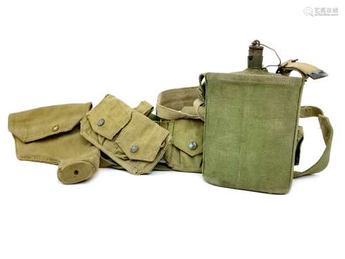 AN EARLY 20TH CENTURY MILITARY FLASK ALONG WITH A UTILITY BELT