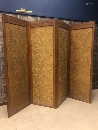 A LARGE VICTORIAN OAK FRAMED FOUR PANEL DRAUGHT SCREEN